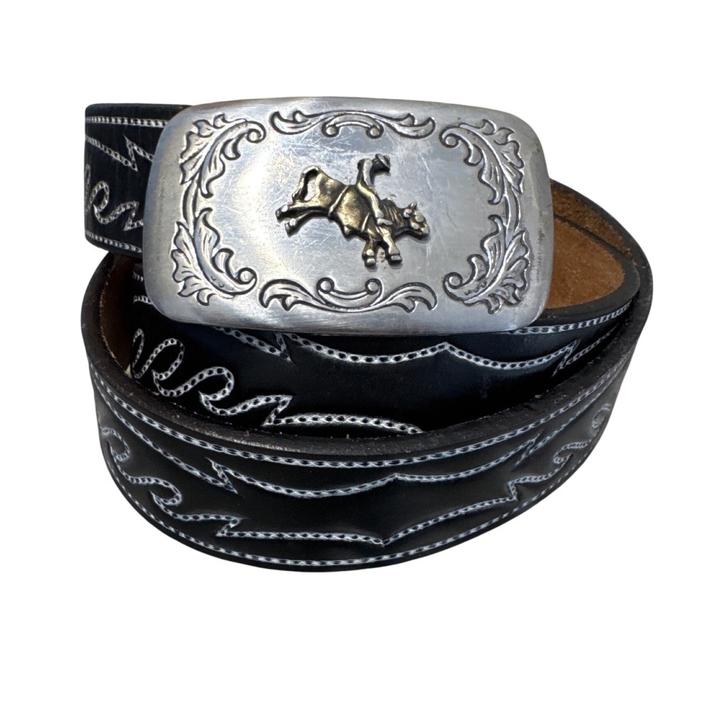 Blk leather western belt silver buckle scrollwork gold-tone bull rider figure 44